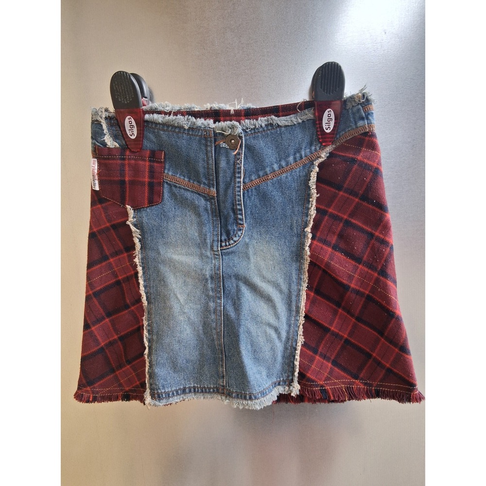 Mary Kate and Ashley Skirt Blue Red Plaid Denim Mixed Media Mini Distressed